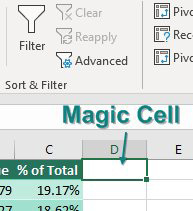Place the cell pointer in cell D3, which is the first blank cell to the right of the pivot table. The Filter icon should still be greyed out, but it is now available.