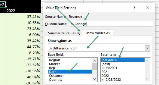 In the Value Field Settings dialog, choose the second tab, called Show Values As. In the top drop-down menu, choose % Difference From. The Base Field should be Date. The Base Item should be (previous).