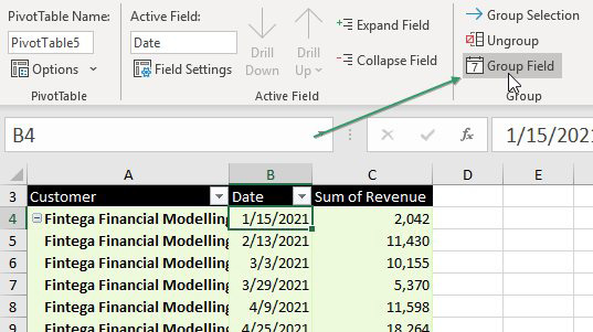A pivot table is reporting daily dates. Choose one date cell in the pivot table. Click the Group Field icon in the Analyze tab of the Ribbon.