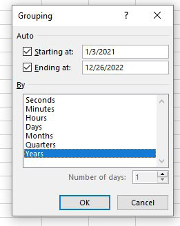 In the Grouping dialog box, you can choose Seconds, Minutes, Hours, Days, Months, Quarters, and/or Years. In this image, only Years is selected.