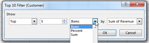 The Top 10 Filter dialog offers four controls. The first lets you choose Top or Bottom. The second is a spin button where you can enter a number. The third is a drop-down menu where you can choose Items, Percent, or Sum. The last is the field to use. In this screenshot, the settings are Top 5 Items by Sum of Revenue.