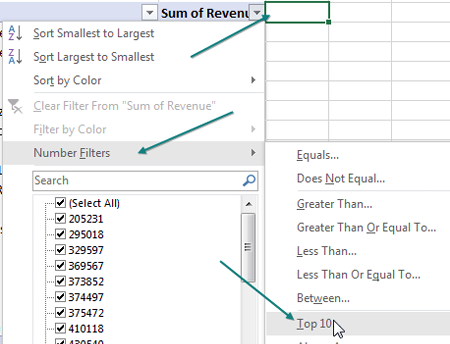 In contrast to the previous time you used Top 10, this time, you are opening a dropdown from the Sum of Revenue heading. Choose Number Filters, Top 10.