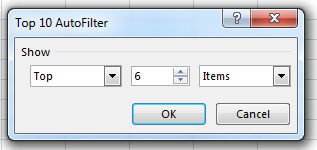This dialog for Top 10 AutoFilter is narrower than before. Three controls offer Top, 6, Items.