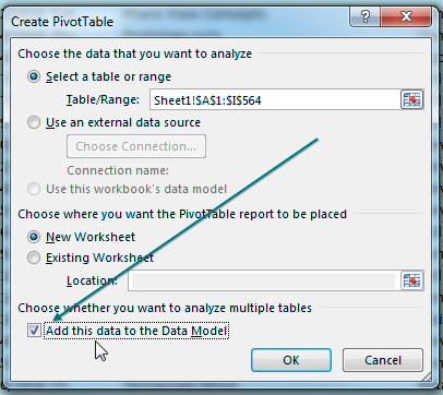 When creating the pivot table, choose the box for Add This Data To The Data Model. The box is in the lower left corner of the Create PivotTable dialog.