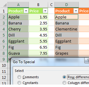 There are lists of products in A and D.  Select A2:A9. Ctrl+Select D2:D9. Open Home, Find & Select, Go To Special. Choose Row Differences. OK.