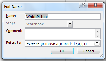 In the Define Name dialog, type a name of WhichPicture. The Refers to is =OFFSET(Icons!$B$1,Icons!$C$7,0,1,1).