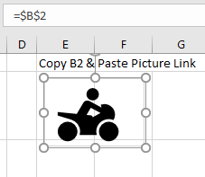 Copy the Motorcycle in B2 and Paste Picture Link. If you have the linked picture selected, the formula bar shows =$B$2.
