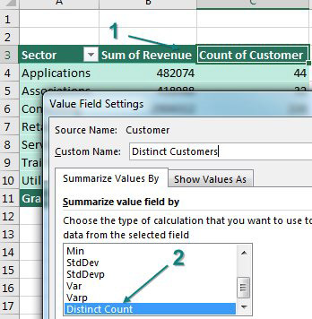 Double click the heading for Count of Customer. Using the Summarize Values By tab, scroll all the way down to the bottom and a secret extra choice appears: Distinct Count.