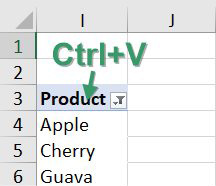 Paste the pivot table far to the right of your print range. Change the pivot table to show only Product. Remove the Grand Total. In the current example, the products are in I4:I8, but they could stretch down to cell I29.