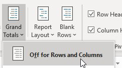 On the Design tab, choose Grand Totals, Off for Rows and Columns.