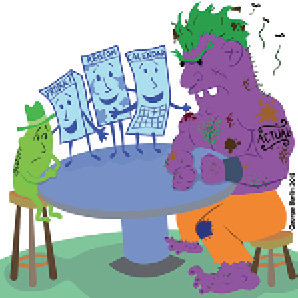A cartoon shows a big ugly mean Actuals sitting at a table with a tiny meek Budget. They won't get along. But in the middle, trying to talk to both of them are three tiny joiner tables.