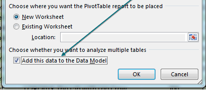 As you create the pivot table, the last choice in the Create PivotTable dialog is Add This Data To The Data Model.