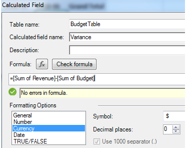 Defining a new calculated field or Measure. The formula is =[Sum of Revenue]-[Sum of Budget]. You can specify the formula is Currency with 0 decimal places.