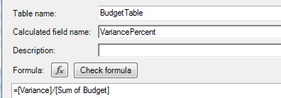 The formula for VariancePercent is [Variance]/[Sum of Budget]. This one is formatted as a Number, Percentage, with 1 decimal place.