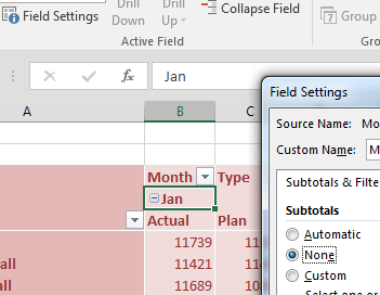You can get rid of the Jan Actual Plus Plan column. Double-click on the Jan heading in B4. In the Field Settings, change Subtotals from Automatic to None.
