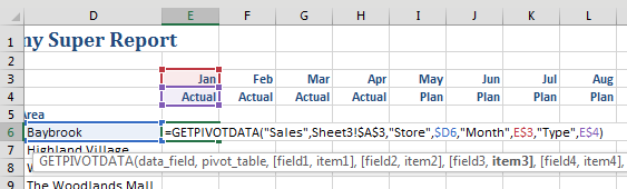 Change the formula to use cell references instead of hard-coded values. The resulting formula is =GETPIVOTDATA("Sales",Sheet3!$A$3,"Store",$D6,"Month",E$3,Type,E$4)