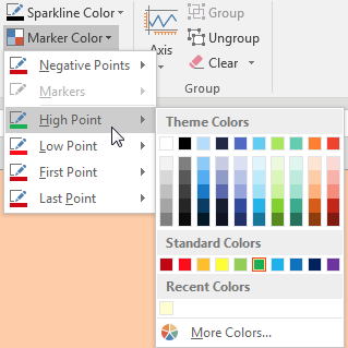Also in the Sparkline Tools dialog, open the Marker Color drop-down. Choose a color for High Point and a color for Low Point.