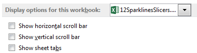 Excel Options, Advanced, Display Options For This Workbook. Turn off the checkboxes for Show Horizontal Scrollbar, Show Versical Scrollbar, and Show Sheet Tabs.
