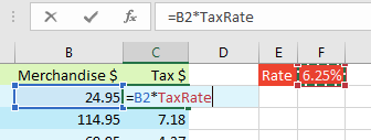 After naming the range, any new formulas will use the named range. For example, =B2*TaxRate. In this case, TaxRate is like an absolute reference. As you copy the formula, it will keep pointing at the TaxRate in F1.