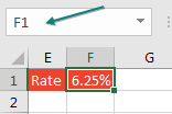 A tax rate of 6.25% is shown in cell F1. If you select F1, the cell address of F1 appears in a Name Box to the left of the formula bar. Click in the Name Box.