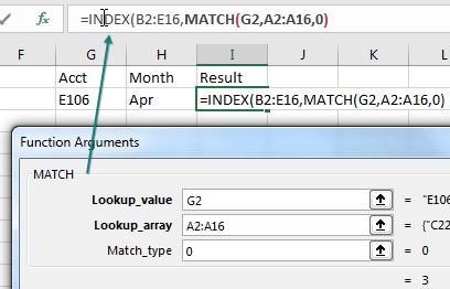 After entering the three arguments for MATCH, you need to return to the INDEX version of Function Arguments. Reach up to the Formula Bar and click inside the word INDEX.