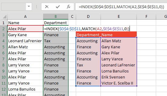 The solution is to use INDEX and MATCH. =INDEX($D$4:$D$11,MATCH(A2,$E$4:$E$11,0)).