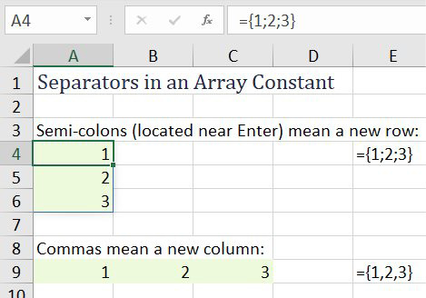 On the US keyboard, a semi-colon is near the Enter key. When you see a semi-colon, think "new row". In this screenshot, ={1;2;3} entered in A4 fills A4, A5, A6 with 1, 2, 3. Commas mean new column. A formula of ={1,2,3} entered in A9 fills A9:C9 with 1, 2, 3.