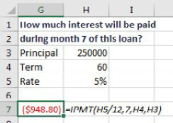 To calculate the interest during the 7th month of a loan, use =IPMT(H5/12,7,H4,H3). The next example will replace that 7 with a SEQUENCE function.