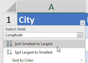 After choosing Longitude in the City drop-down, choose Sort Smallest to Largest. This will sort cities West-to-East.
