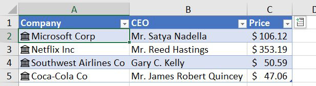Use the Stocks data type icon and convert the company names to data types. Data type formulas let you ad CEO, stock price.