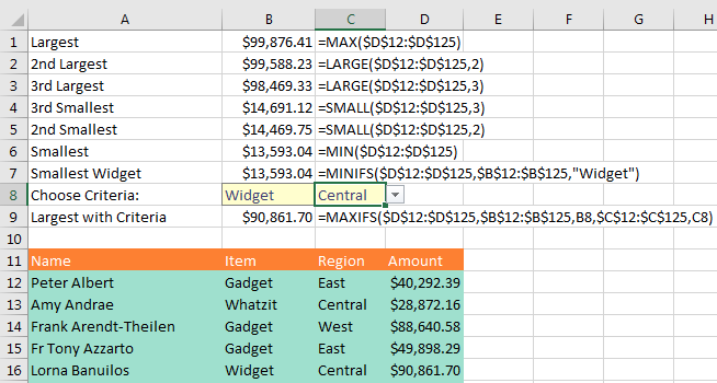 Amounts appears in D12:D125. To get the Largest, use =MAX($D$12:$D$125). To get the 2nd Largest, use =LARGE($D$12:$D$125,2). To get the 3rd Largest, use =LARGE($D$12:$D$125,3). To get the 3rd Smallest, use =SMALL($D$12:$D$125,3). To get the 2nd Smallest, use =SMALL($D$12:$D$125,2). To get the Smallest, use =MIN($D$12:$D$125). To get the Smallest Widget, use =MINIFS($D$12:$D$125,$B$12:$B$125,"Widget"), To get the Largest with 2 Criteria entered in B8:C8, use =MAXIFS($D$12:$D$125,$B$12:$B$125,B8,$C$12:$C$125,C8)