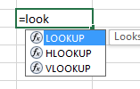 Type =look in a cell. AutoComplete offers any function that matches, including LOOKUP, HLOOKUP, VLOOKUP.