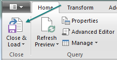 On the Home tab in Power Query, choose Close & Load.