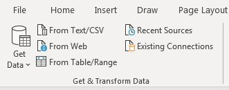 The Get & Transform Data group includes Get Data, From Text/CSV, From Web, From Table/Range, Recent Sources, Existing Connections.