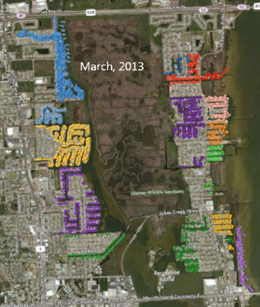 14 housing allotments are plotted in different colors. In this view from directly overhead, you can't really make out the height of the columns. This view is from March 2013.