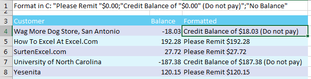 This number format adds words to the number. The cell contains -18.03 but the grid displays Credit Balance of $18.03 (Do not pay). The format in C is "Please Remit "$0.00 for the positive numbers. The negative numbers are formatted with "Credit Balance of "$0.00" (Do not pay)". Zeroes are formatted with "No Balance"
