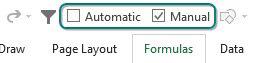 When added to the QAT, Automatic and Manual appear with a checkbox and provide an awesome visual indicator that you are not in Automatic calculation mode.