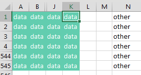 Data in A1:K545.  Nothing is in column L & M. Column N has other in N1:N545. Currently, the cell pointer is on K1, the right edge of the data.