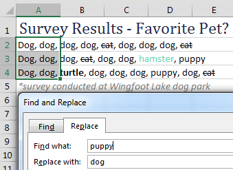 In Excel, many words have formatting applied: font color, strikethrough, and so on. You are about to use Find & Replace to change Puppy to Dog.
