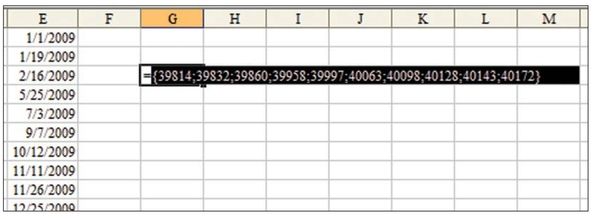 Figure 6. Press F9, and Excel converts the range reference to an array of serial numbers.