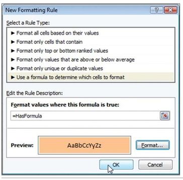 Figure 21. You use the New Formatting Rule dialog to set up conditional formatting in Excel 2007.