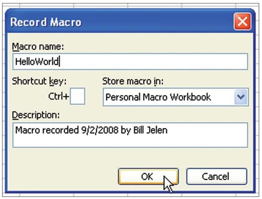 Figure 97. To force Excel to create a Personal Macro Workbook, record a tiny macro to go there.