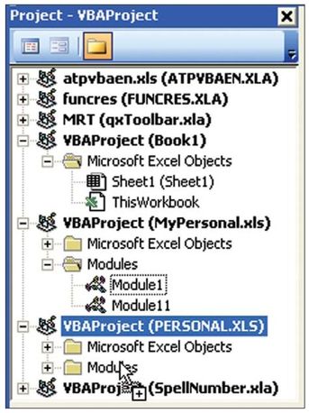 Figure 137. You drag modules from MyPersonal.xls to Personal.xls on the new computer.