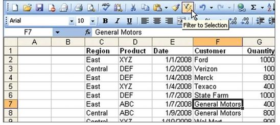 Figure 138. To see all the General Motors records, select one cell that contains General Motors and click Filter to Selection.