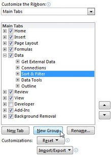 Expand the Data tab. Click on Sort & Filter and then New Group to add an empty group to the right of Sort & Filter. 
