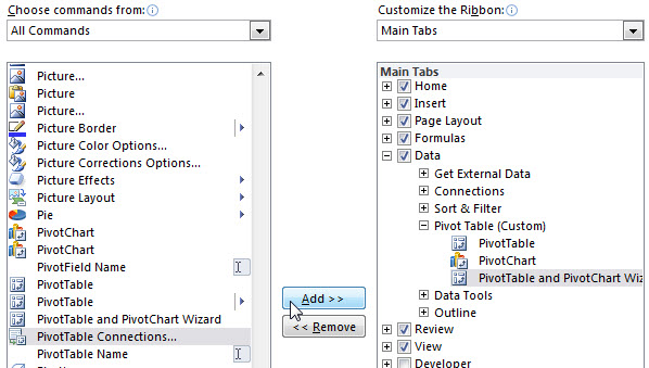 With the new Pivot Table (Custom) group selected, find commands on the left side and choose the Add>> button in the middle to add commands to the group.
