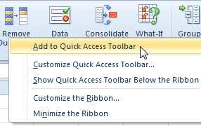 The easiest way to add a command to the QAT is to find the command in the Ribbon, right-click, and choose Add to Quick Access Toolbar.
