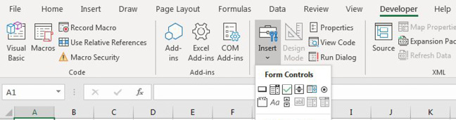 The Developer tab offers Visual Basic Editor, the Macros dialog, Record Macro, Macro Security, and an Insert drop-down menu with Form Controls and ActiveX Controls.