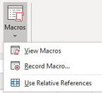 Three macro commands appear on the far right side of the View tab:  View Macros, Record Macro, and Use Relative References.