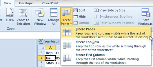 Another great technique requires you to scroll so that the headings in row 3 are at the top of the window. Then, from A4, use Freeze Panes. Everything above the active cell is frozen.